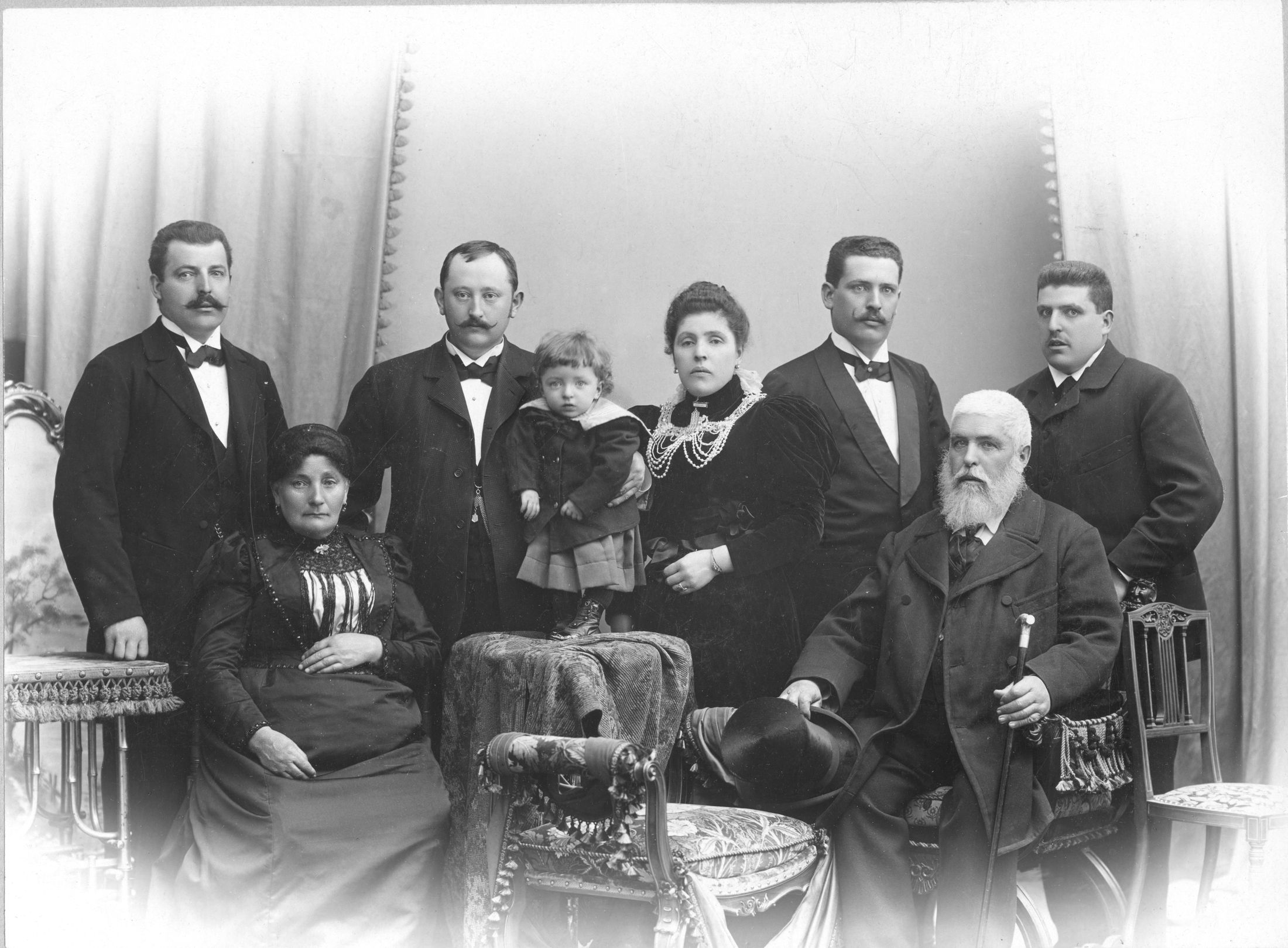 A formal studio portrait of eight members of the Haimowitz and Rosenbaum families, two seated, Vienna, about 1898